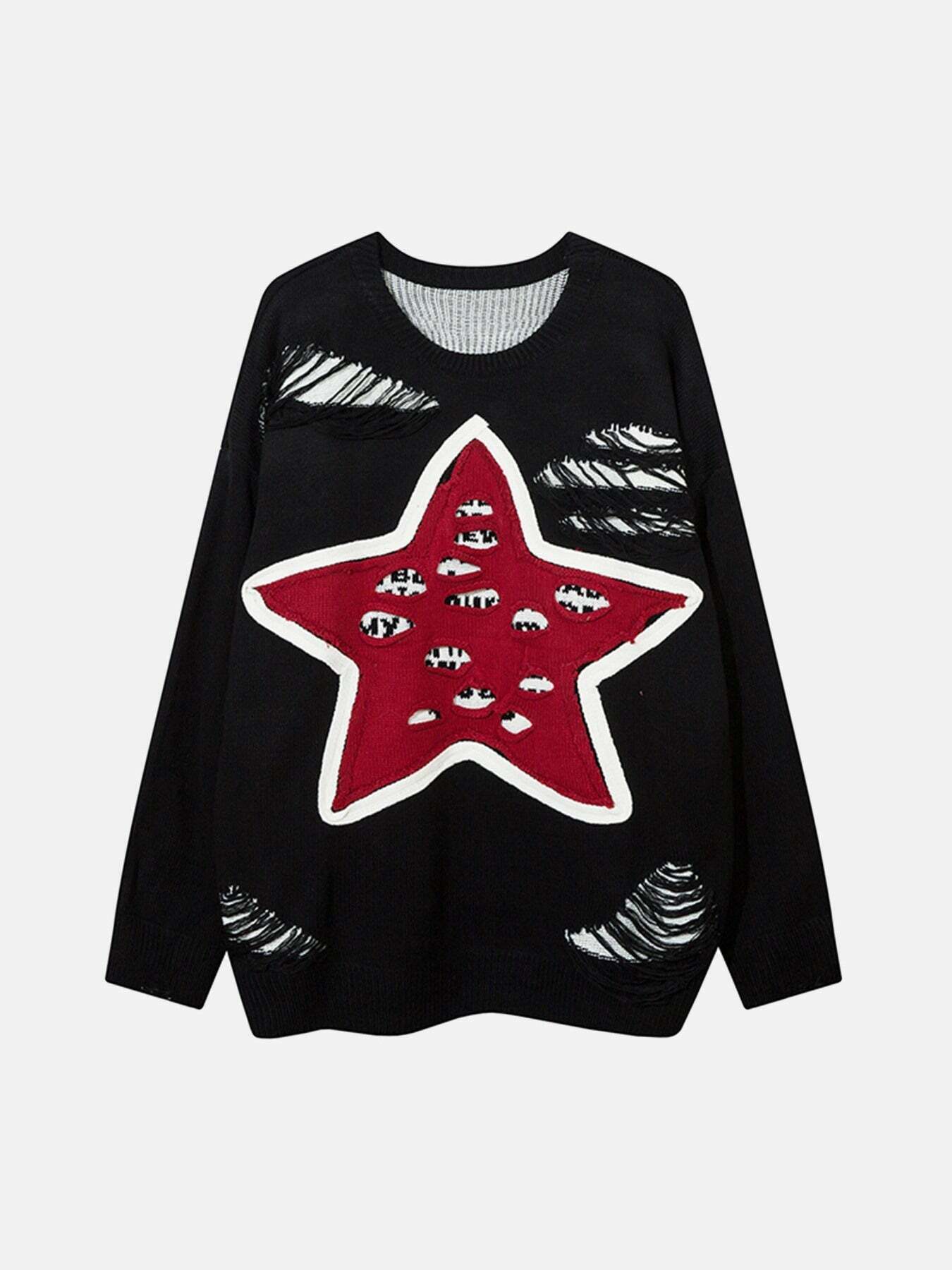 Gen Z K-POP Streetwear: Pentagram Torn Loose Sweater for Y2K Style