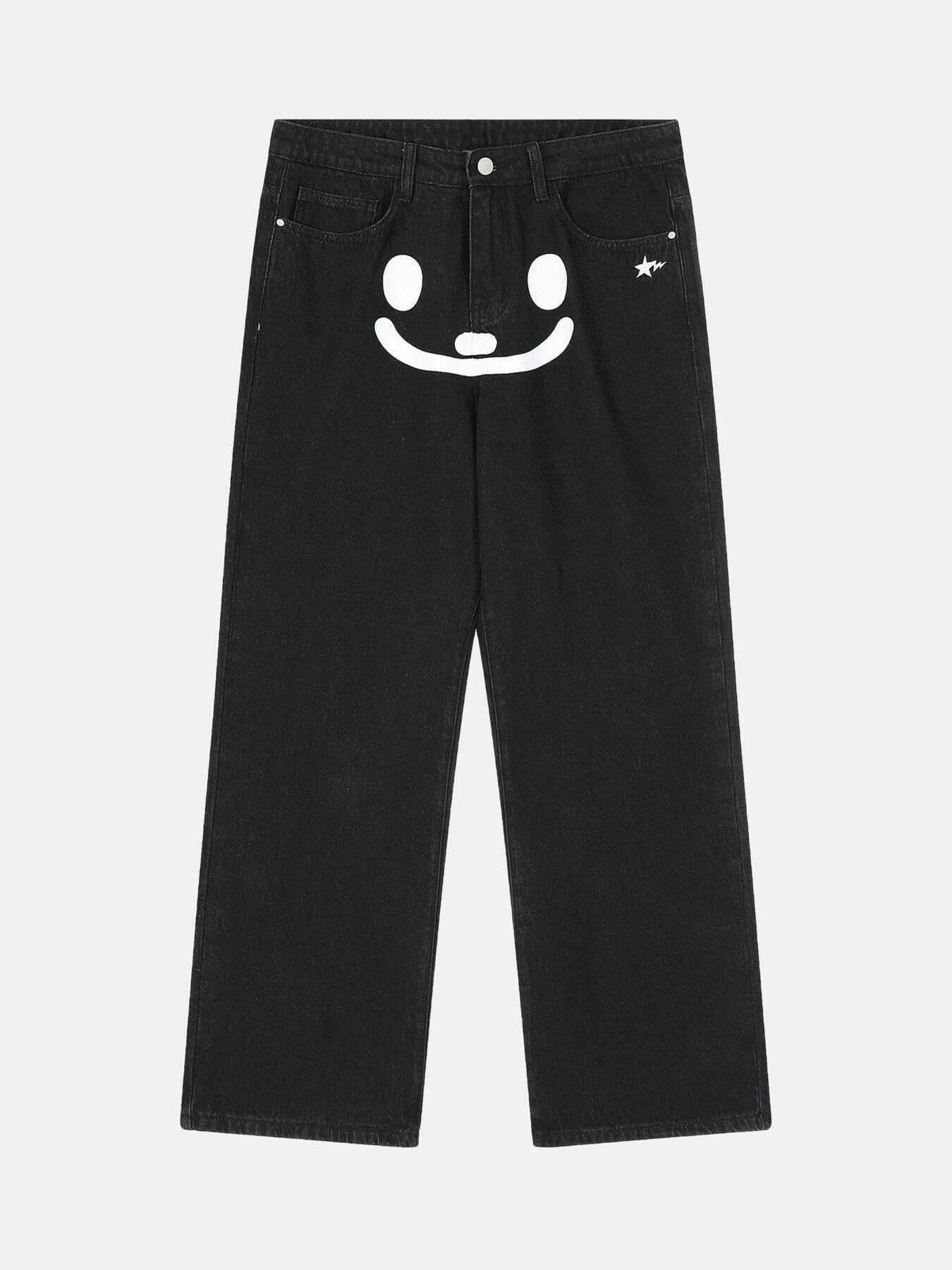 Gen Z K-POP Streetwear: Personality Smiley Face Print Jeans