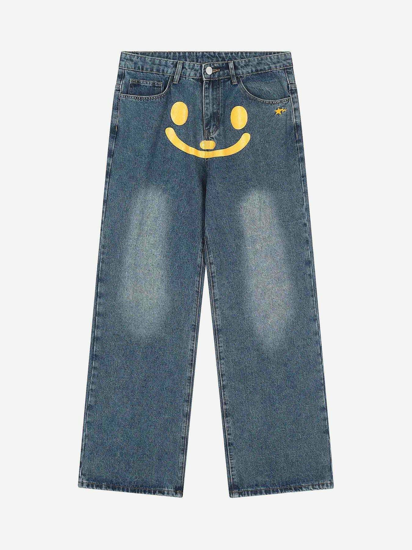 Gen Z K-POP Streetwear: Personality Smiley Face Print Jeans