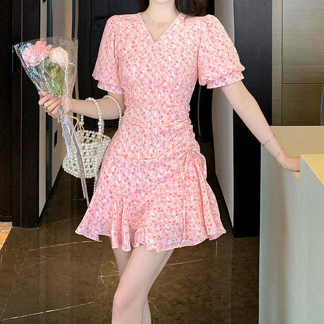 Gen Z K-POP Streetwear: Pink Floral V-Neck Drawstring Dress