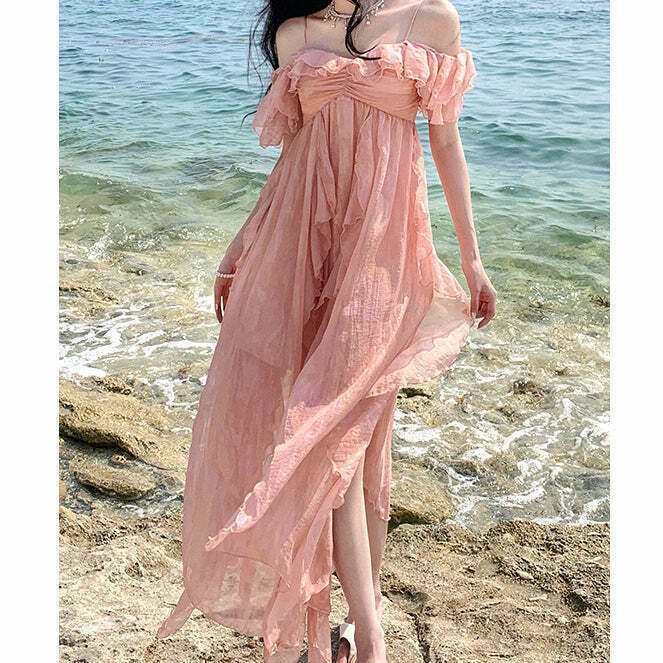 Gen Z K-POP Streetwear: Pink Ruffles Irregular Beach Dress