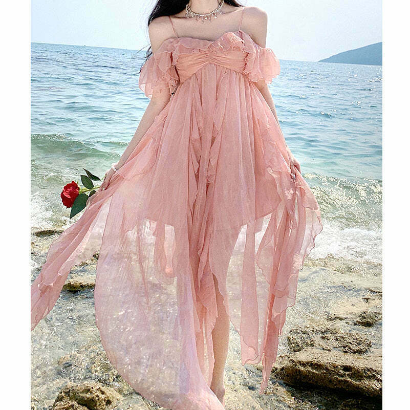 Gen Z K-POP Streetwear: Pink Ruffles Irregular Beach Dress