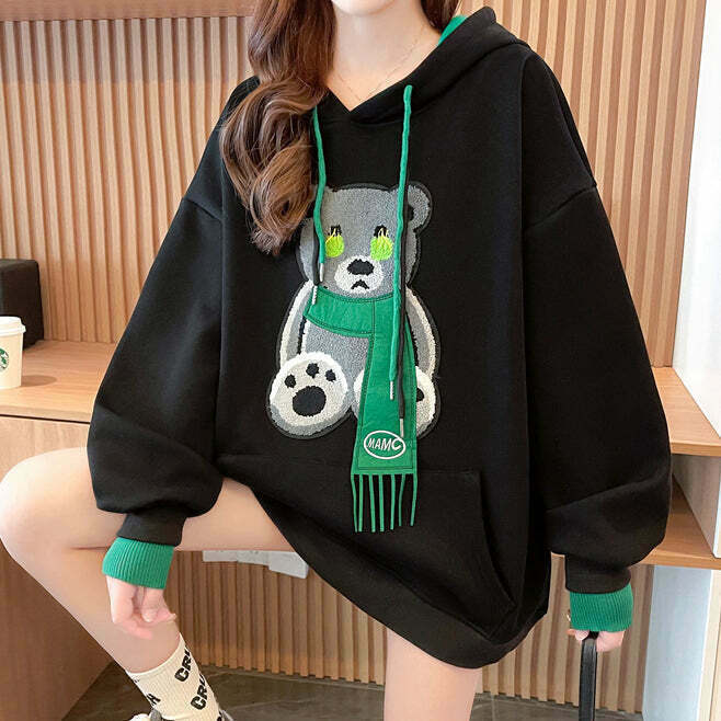 Gen Z K-POP Streetwear: Pocket Bear Hooded Sweatshirt