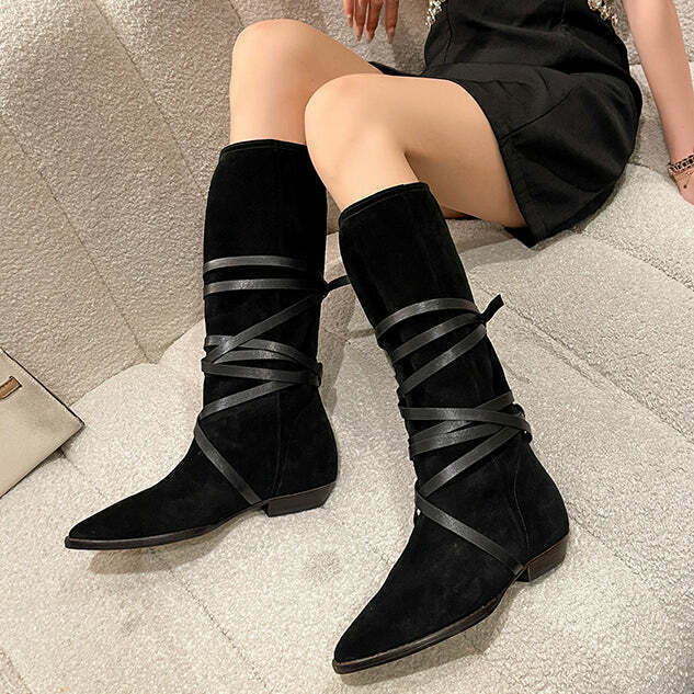 Gen Z K-POP Streetwear: Pointed Toe Nubuck Suede Cowboy Boots