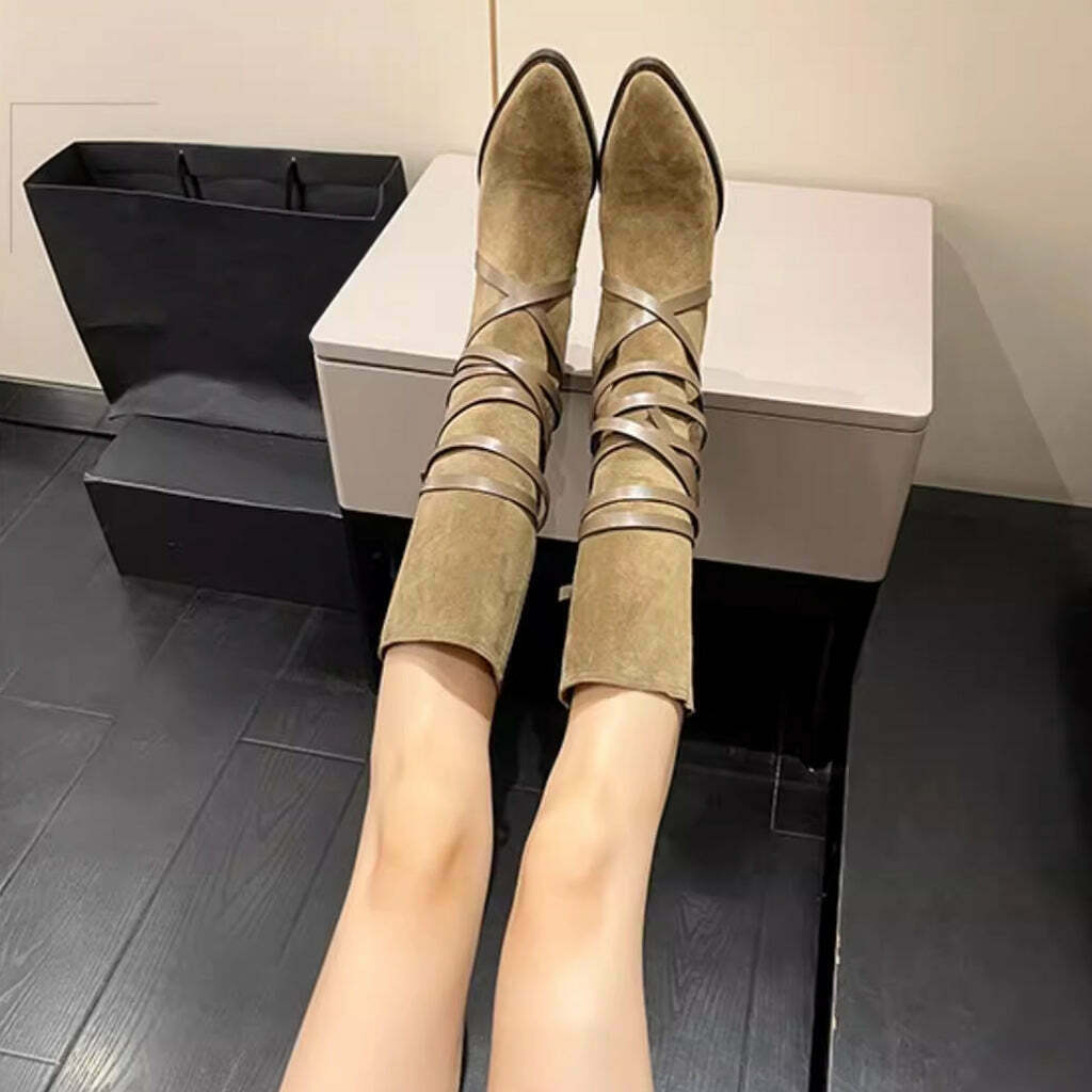 Gen Z K-POP Streetwear: Pointed Toe Nubuck Suede Cowboy Boots