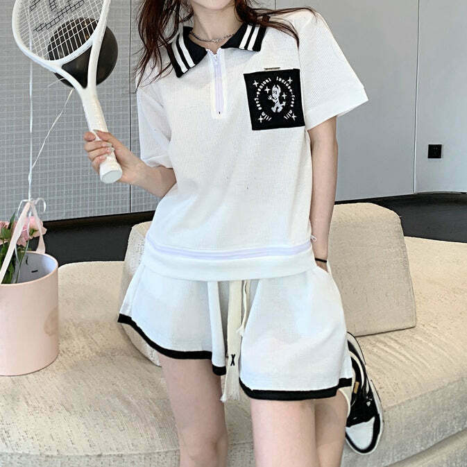 Gen Z K-POP Streetwear Polo Collar Sweater & Tie-Up Shorts