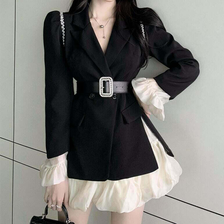 Gen Z K-POP Streetwear: Puff Sleeve Blazer Top & High Waist Skirt Set