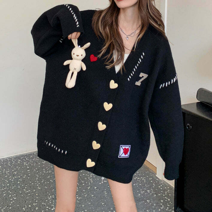 Gen Z K-POP Streetwear: Rabbit Loose Knit Long Sleeve Cardigan