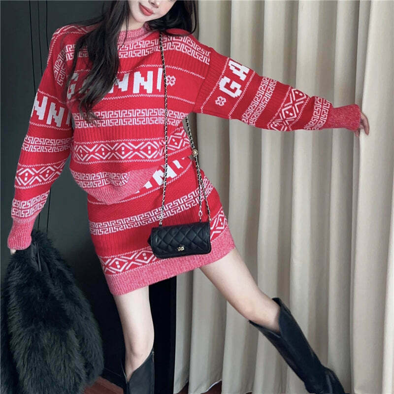 Gen Z K-POP Streetwear: Red Elastic Waist Skirt Set