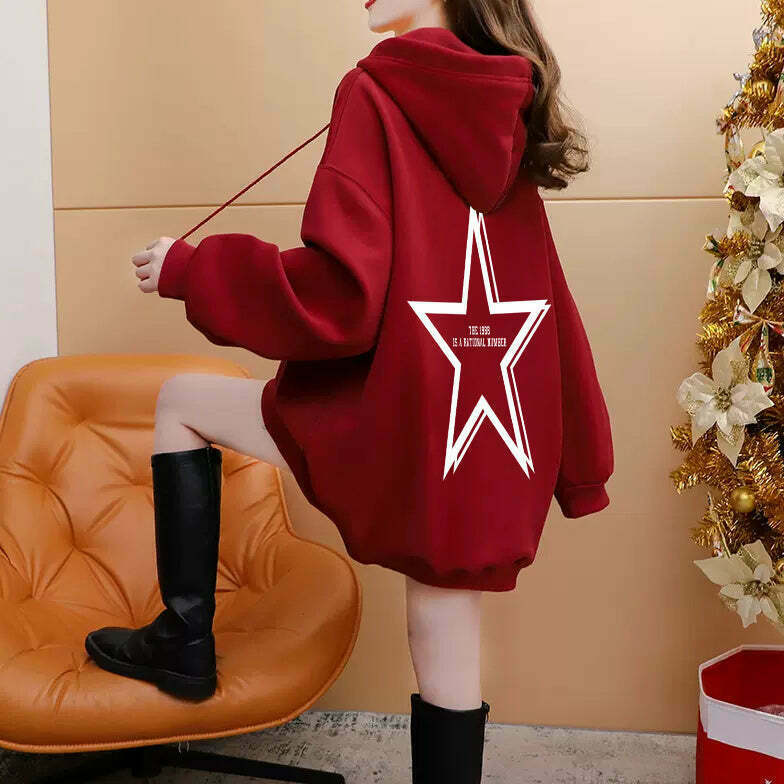 Gen Z K-POP Streetwear: Red Hooded Sweatshirt in Pure Cotton