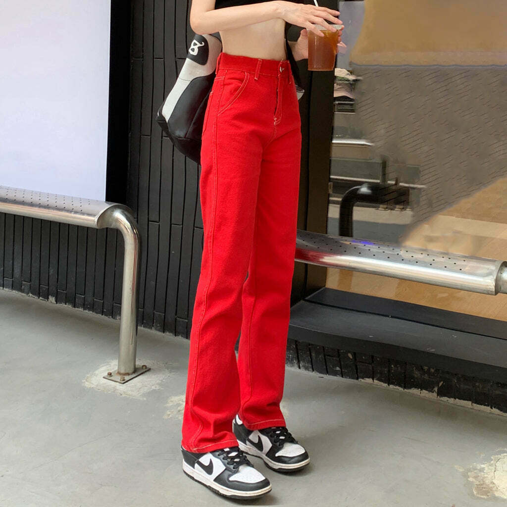 Gen Z K-POP Streetwear: Red Wide Leg Straight Pants for Y2K Style