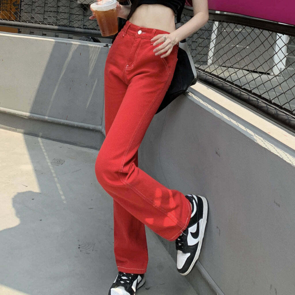 Gen Z K-POP Streetwear: Red Wide Leg Straight Pants for Y2K Style