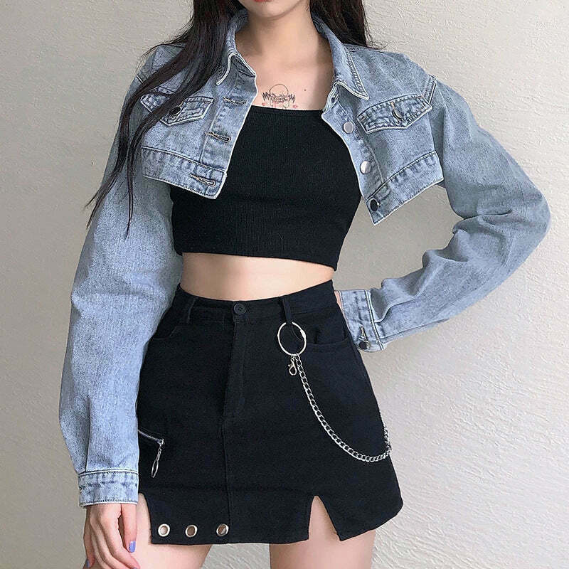 Gen Z K-POP Streetwear: Retro Denim Cropped Jacket for Y2K Style