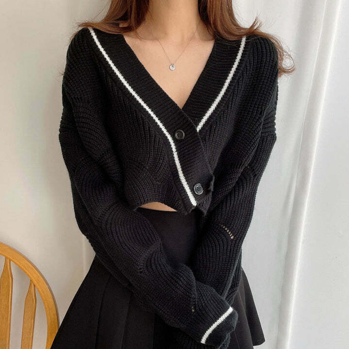 Gen Z K-POP Streetwear: Ripped V-Neck Cropped Knit Cardigan