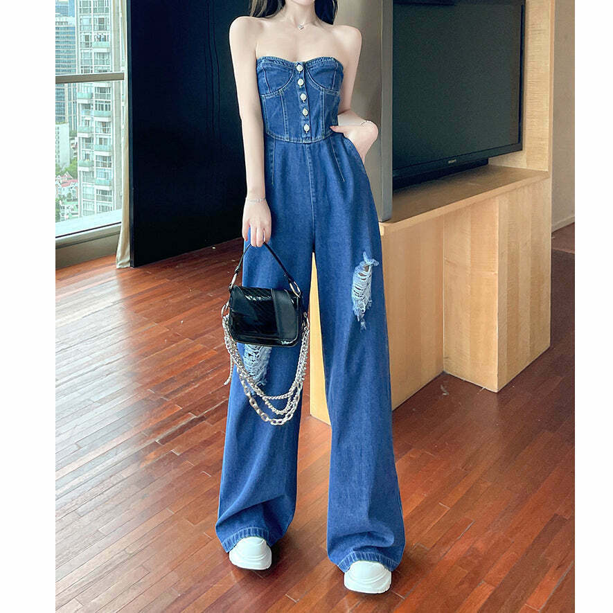 Gen Z K-POP Streetwear: Ripped Wide Leg Denim Jumpsuit