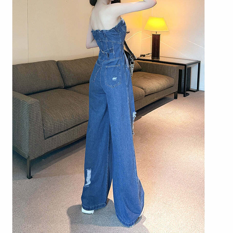 Gen Z K-POP Streetwear: Ripped Wide Leg Denim Jumpsuit