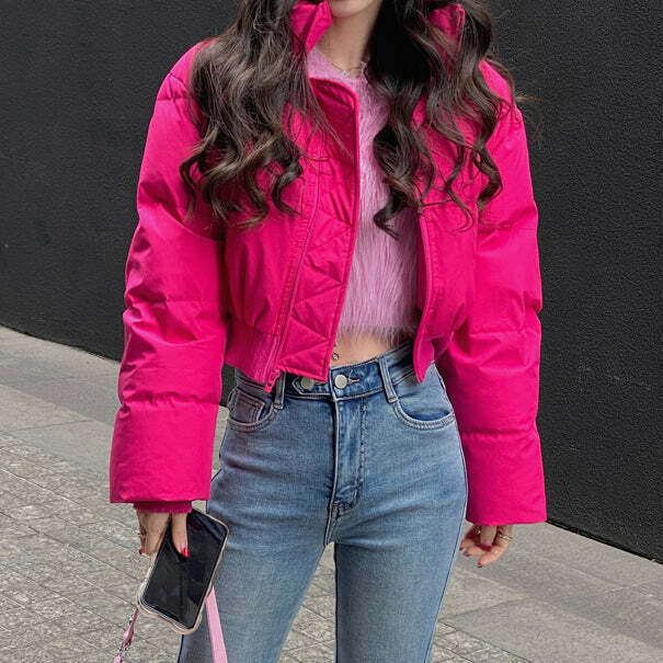 Gen Z K-POP Streetwear: Rose Red Cotton-Padded Coat