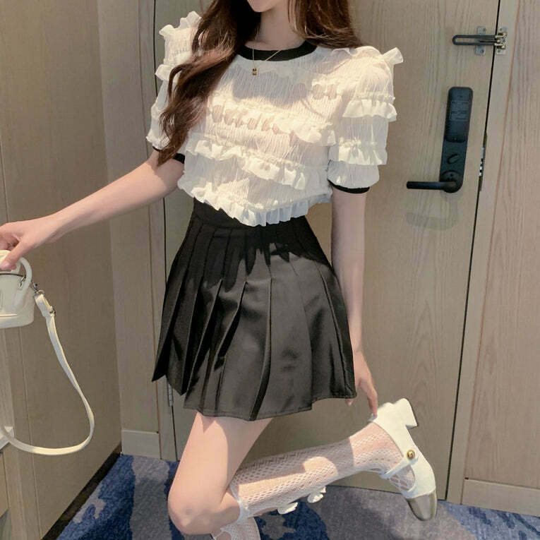 Gen Z K-POP Streetwear Set: Round Neck Shirt & Pleated Skirt