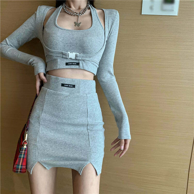 Gen Z K-POP Streetwear Set with Halter Vest, Skirt, and Long Sleeve Coat