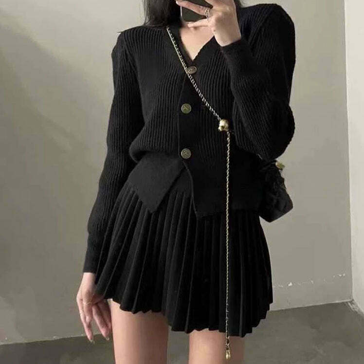 Gen Z K-POP Streetwear: Single-Breasted Sweater & High-Waisted Pleated Skirt