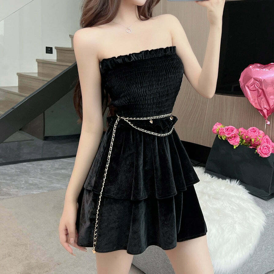 Gen Z K-POP Streetwear: Sleeveless Tube Top Ruffles Swing Dress