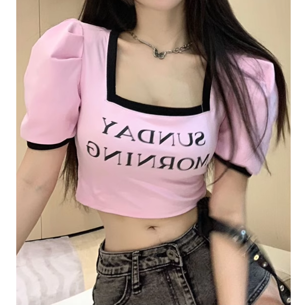 Gen Z K-POP Streetwear: Slim Cropped T-Shirt with Square Neck