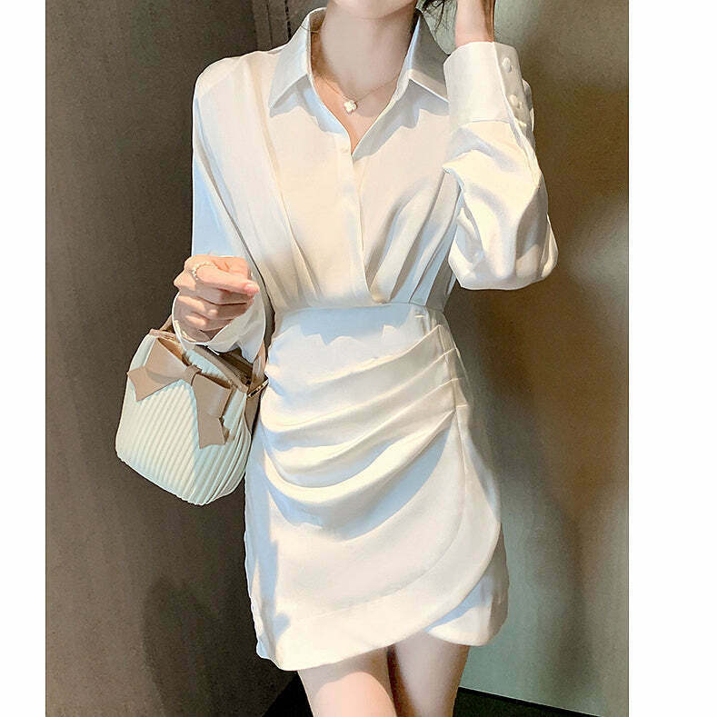 Gen Z K-POP Streetwear: Slim Fit Pleated V-Neck Shirt Dress