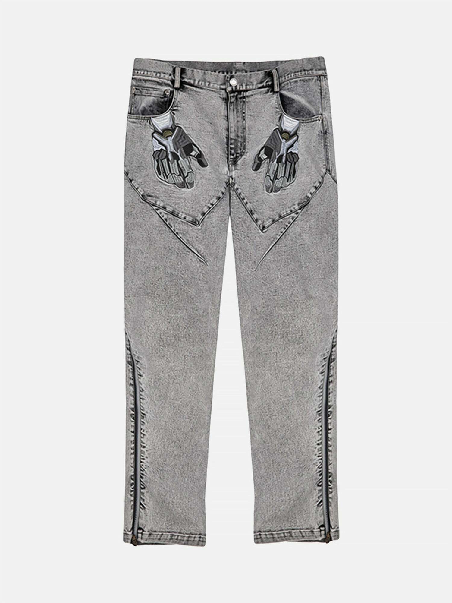 Gen Z K-POP Streetwear: Slim Fit Zipper Slit Printed Jeans