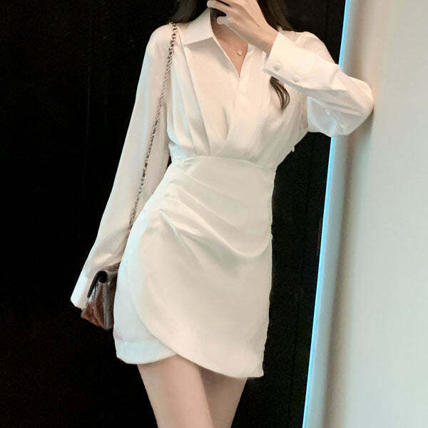 Gen Z K-POP Streetwear: Slim V-Neck Long Sleeve Dress