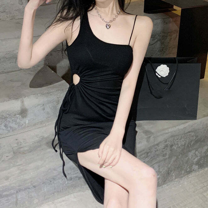 Gen Z K-POP Streetwear: Slit Hollow One Shoulder Long Cami Dress