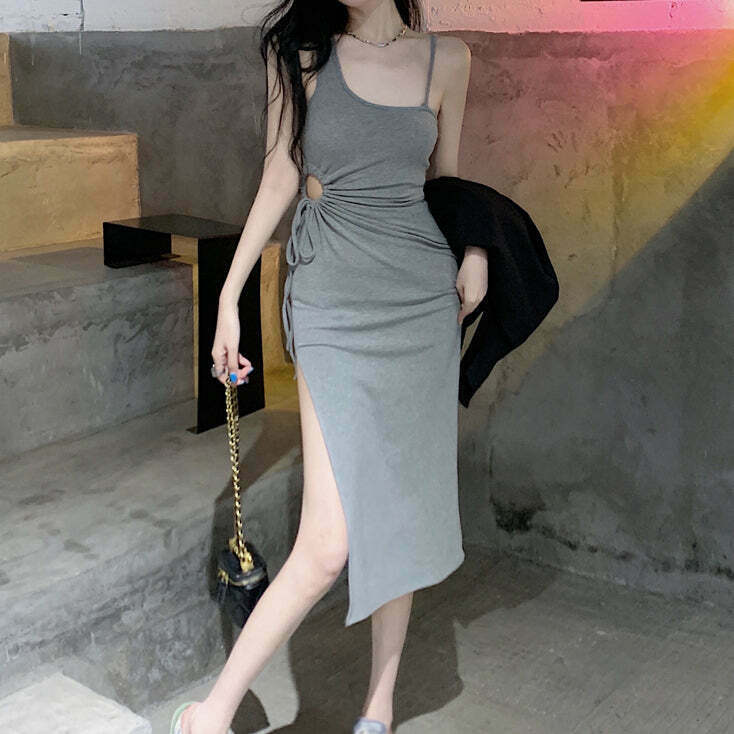 Gen Z K-POP Streetwear: Slit Hollow One Shoulder Long Cami Dress