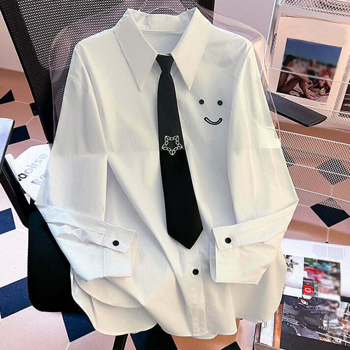 Gen Z K-POP Streetwear: Smiley College Style Casual Tie Shirt