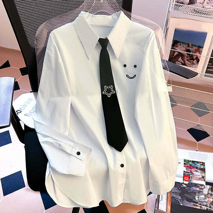 Gen Z K-POP Streetwear: Smiley College Style Casual Tie Shirt