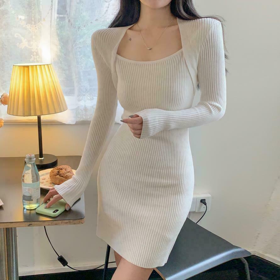 Gen Z K-POP Streetwear: Solid Slim Fit Knit Dress with Square Neck