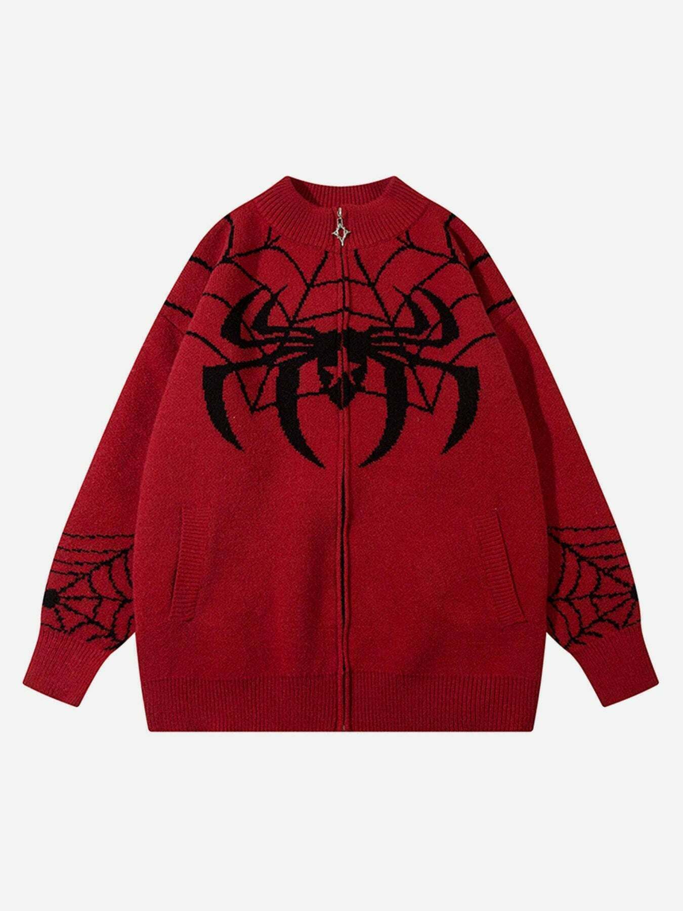 Gen Z K-POP Streetwear: Spider Print Loose Sweater Coat for Y2K Style