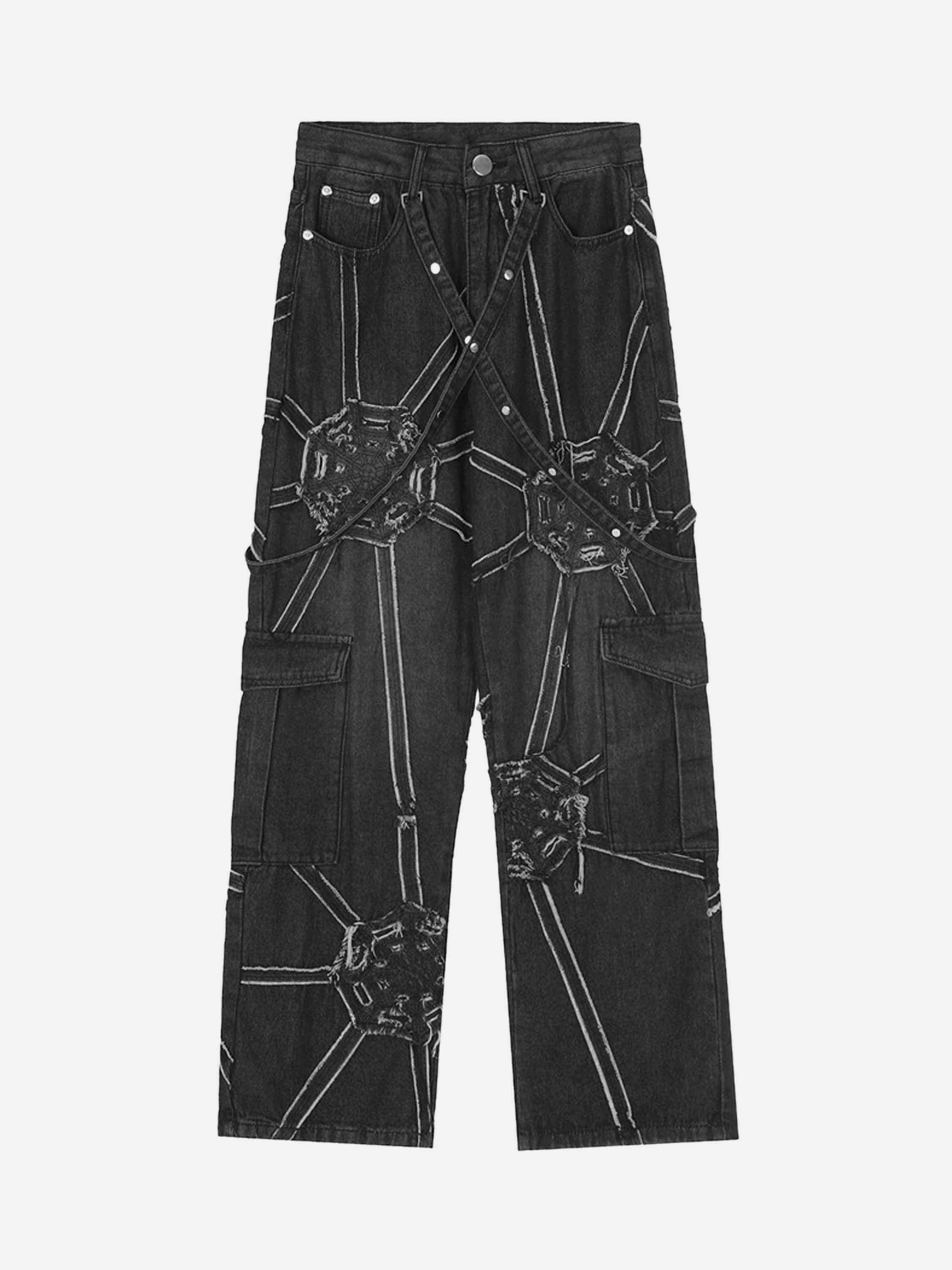 Gen Z K-POP Streetwear: Spider Web Denim Straight Leg Pants