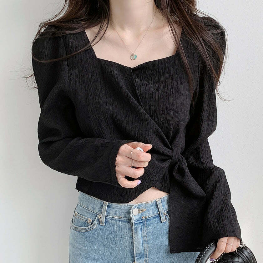 Gen Z K-POP Streetwear: Square Neck Chiffon Cropped Shirt