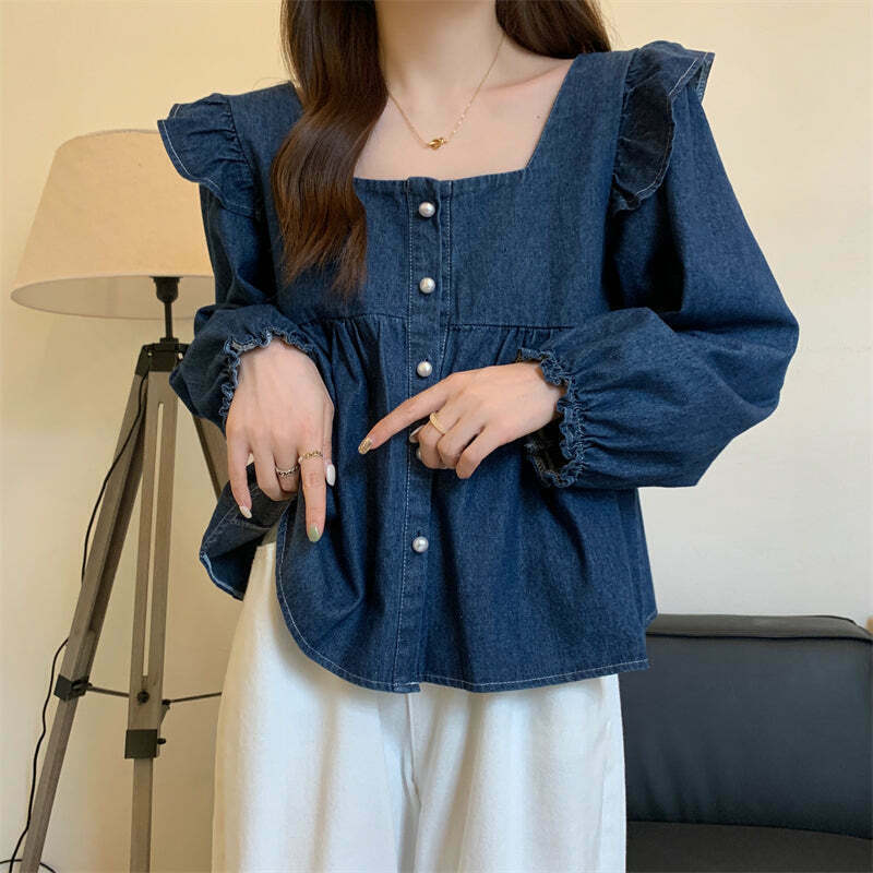 Gen Z K-POP Streetwear: Square Neck Denim Ruffle Top for Y2K Style