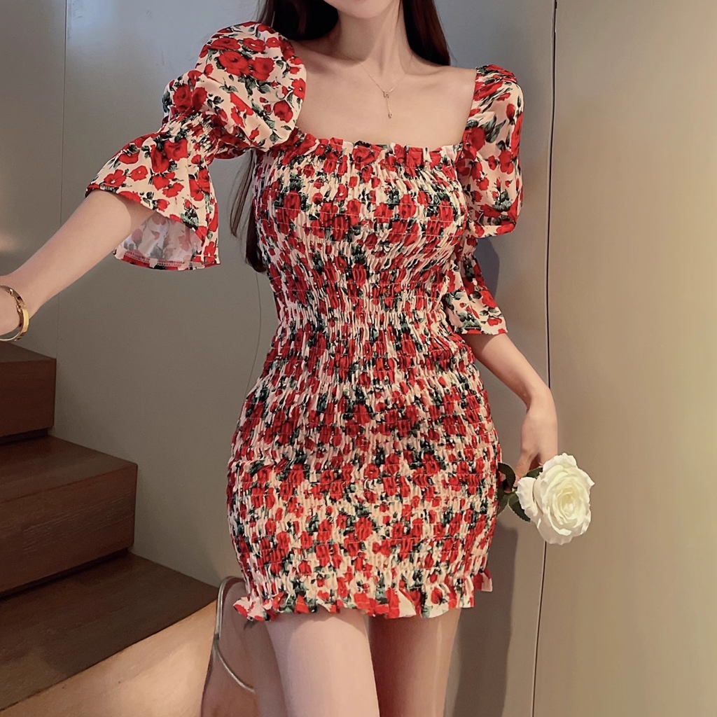 Gen Z K-POP Streetwear: Square Neck Floral Bodycon Dress