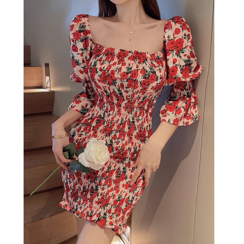 Gen Z K-POP Streetwear: Square Neck Floral Bodycon Dress