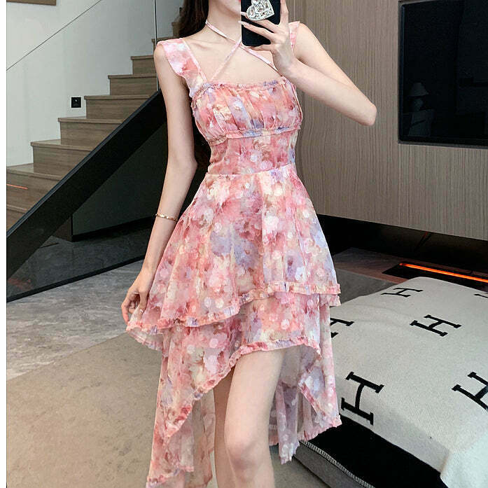 Gen Z K-POP Streetwear: Square Neck Floral Sling Dress