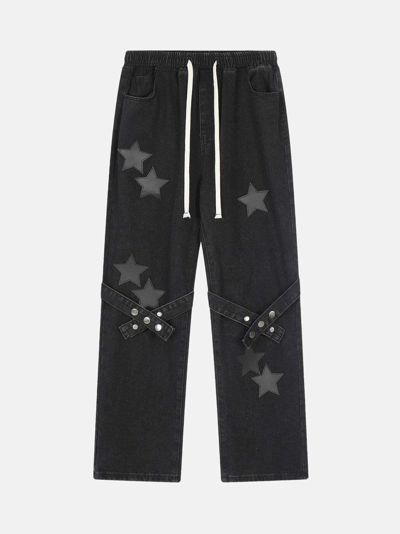 Gen Z K-POP Streetwear: Star Embroidered Elastic Waist Jeans