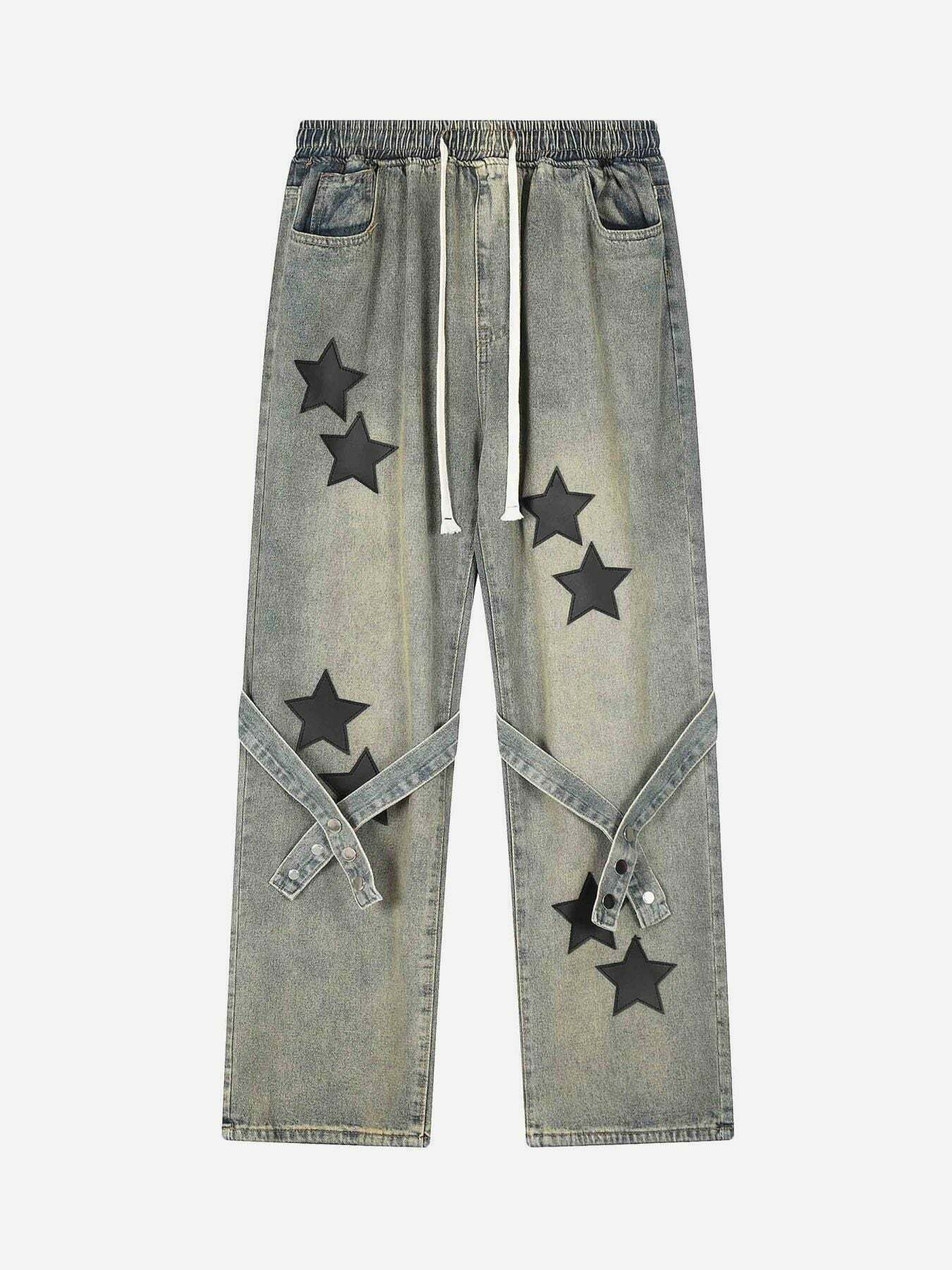 Gen Z K-POP Streetwear: Star Embroidered Elastic Waist Jeans