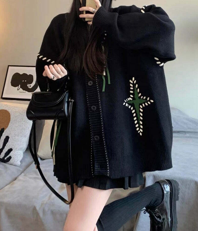 Gen Z K-POP Streetwear: Star Fringe Knit Sweater Coat for Y2K Style