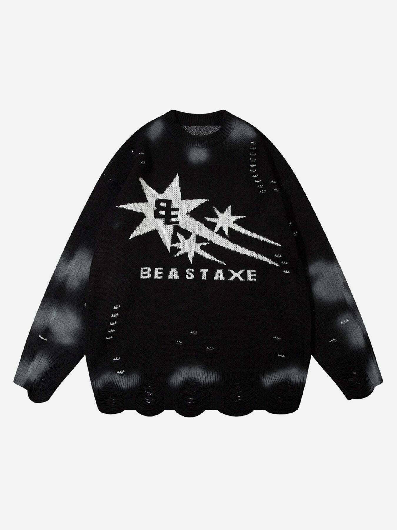 Gen Z K-POP Streetwear: Stars Ripped Sweater for Y2K Style