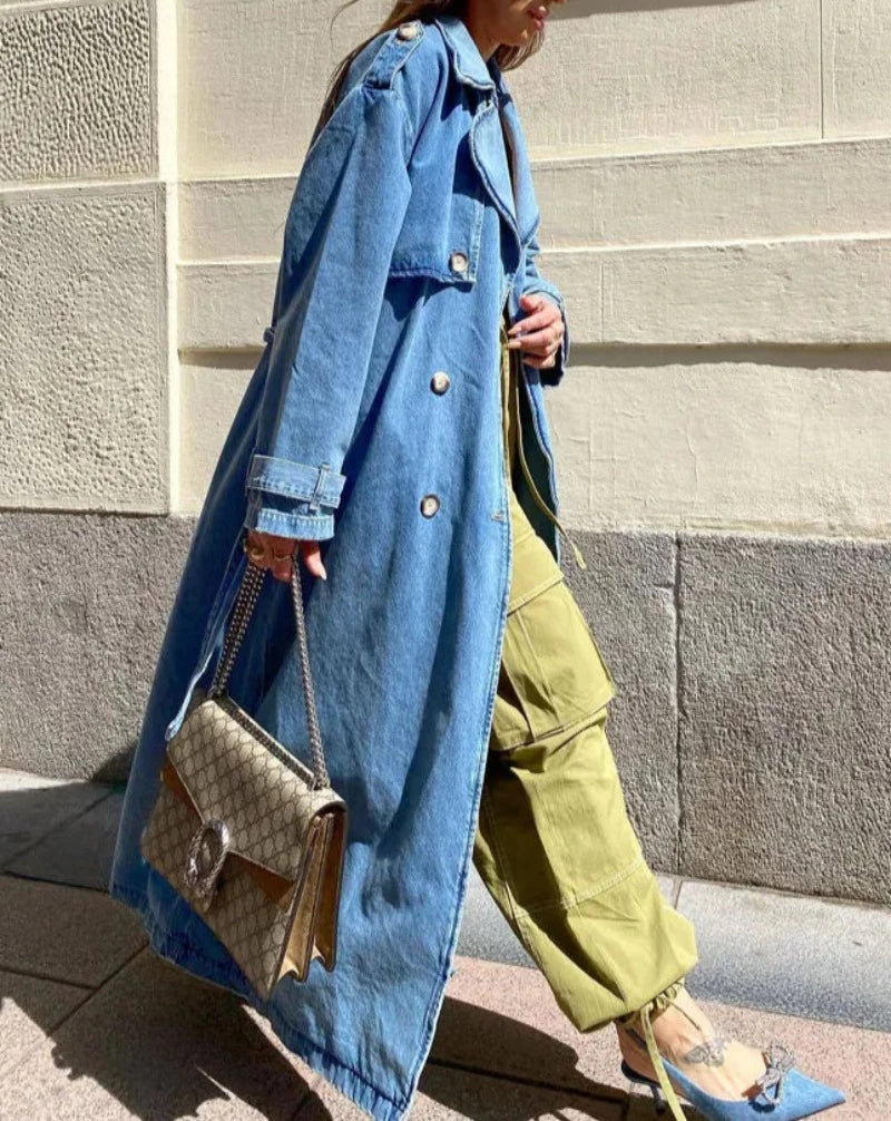 Gen Z K-POP Streetwear: Stylish Sterlin Denim Trench Coat for Y2K Fashion