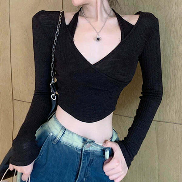 Gen Z K-POP Streetwear: Stylish V-Neck Long Sleeve Crop Top