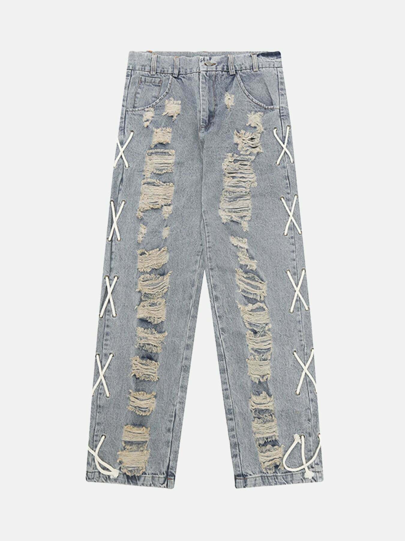 Gen Z K-POP Streetwear: Torn Side Straps Fashion Jeans for Y2K Style