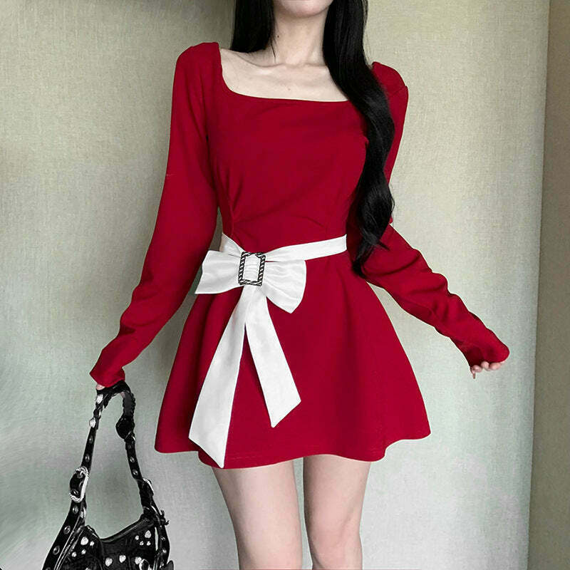 Gen Z K-POP Streetwear: Trendy Bow Long Sleeve Square Neck Dress