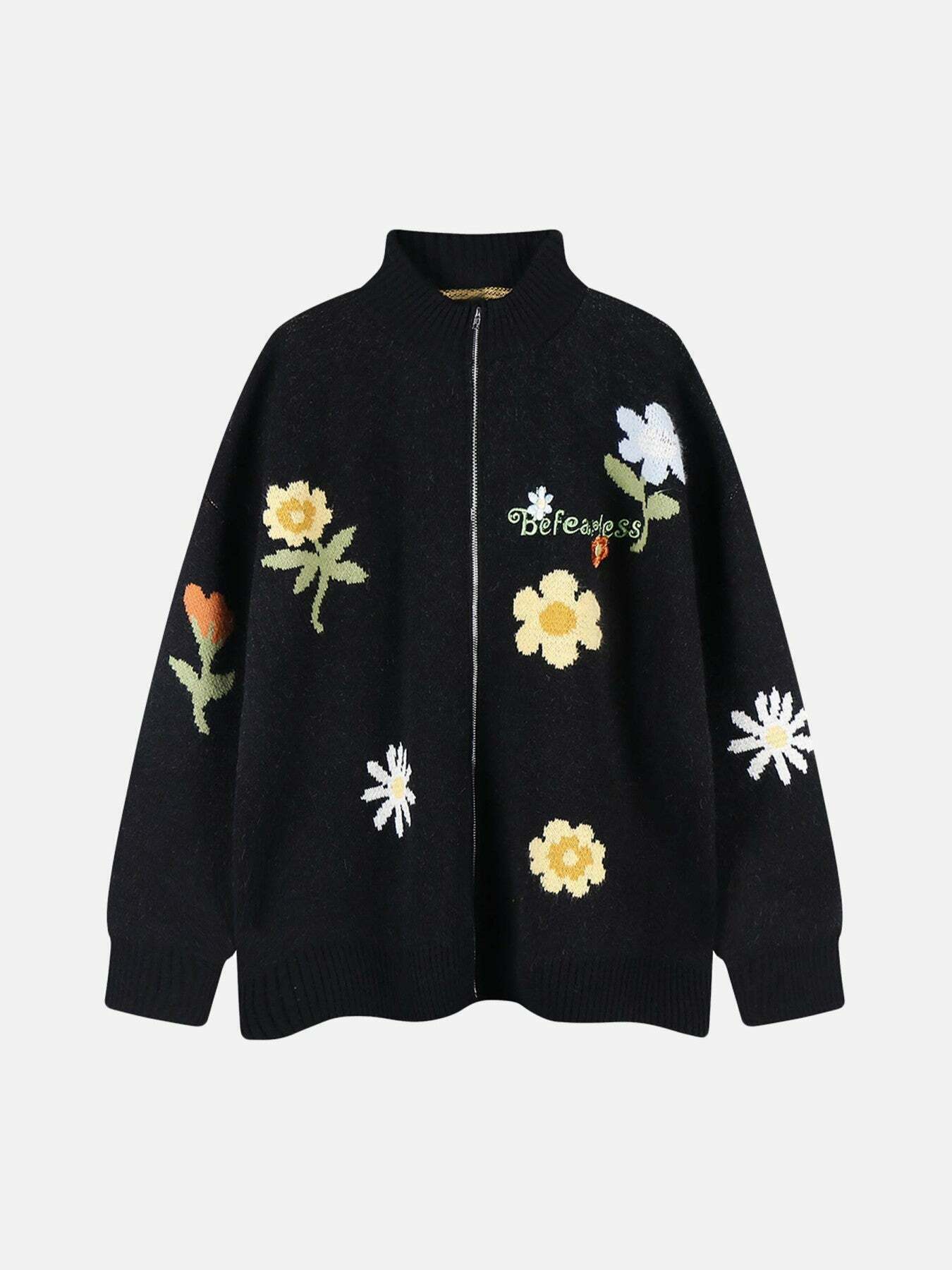 Gen Z K-POP Streetwear: Trendy Floral Embroidered Zip-Up Jacket